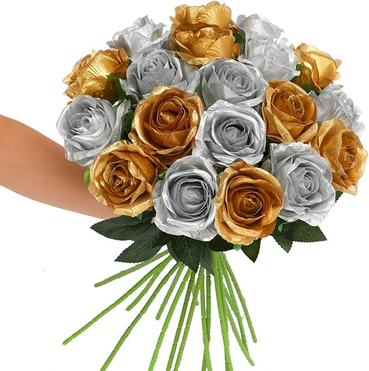 Tifuly Roses Artificial Flowers - 12 pcs Realistic Long Stems Fake Roses Mashup Style Silk Flowers for DIY Bouquets Wedding Centerpieces Arrangements Home Party Decor（Gold & Sliver）