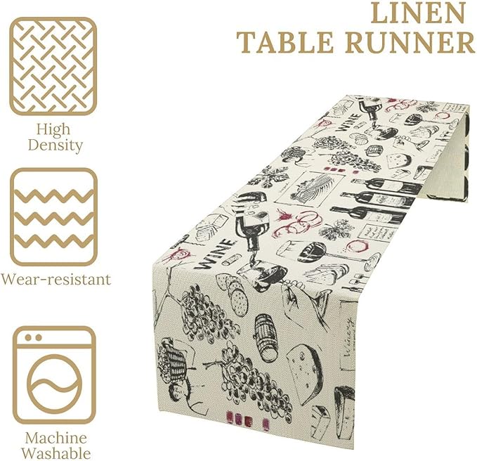 Wine Rural Meadow Table Runner Wine Bottle Glass Snack Food Countryside Farm Dinner Runner for Farmhouse Cabin Home Kitchen Dining Holiday Party Decor 13x108in