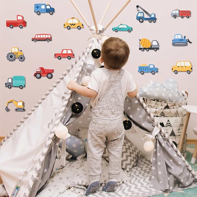 Cartoon Car Wall Stickers for Kids Room 48PCS Racecar Truck Vinyl Decals Waterproof Removable Vehicle Stickers for Nursery Playroom Decor Easy to Apply Reposition (Transportation Theme)