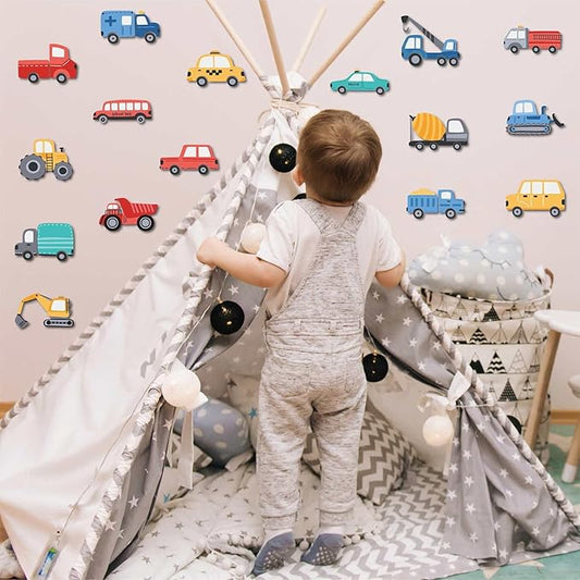 Cartoon Car Wall Stickers for Kids Room 48PCS Racecar Truck Vinyl Decals Waterproof Removable Vehicle Stickers for Nursery Playroom Decor Easy to Apply Reposition (Transportation Theme)