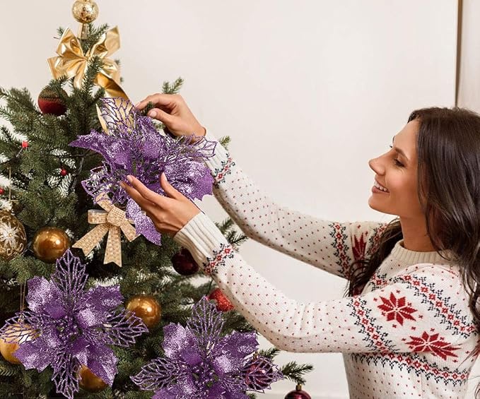 RECUTMS 10 Packs Christmas Glitter Poinsettia Flowers Artificial Christmas Flowers Decorations Wedding Xmas Tree New Year Ornaments Xmas Garland Wreath DIY Decorations Supplies(Light Purple)