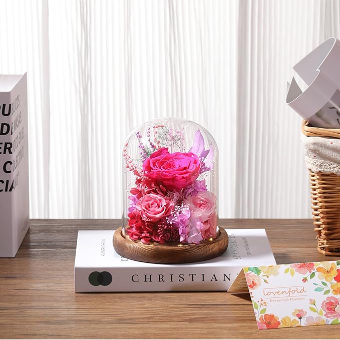 Flowers for Delivery Prime Preserved Flowers with LED Light in a Glass Dome,Long Lasting Real Roses Birthday Gifts for Women Daughter Mom Wife Friend（Reddish Rose）