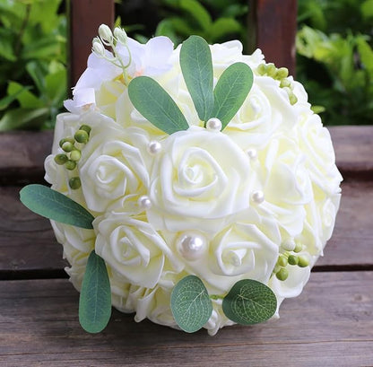 Lightweight Bridal Wedding Bouquet Round Holding Bouquet Throw Toss Artificial Rose Flower Bunch for Bride Bridesmaid Wedding Quinceanera (Cream, 9.1")