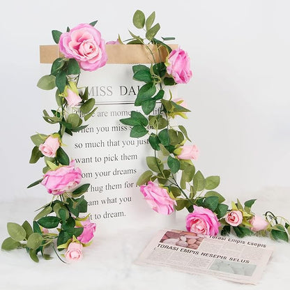 Teldrassil 4Pcs(26 FT) Artificial Rose Vine Fake Flower Garland Fake Silk Rose Hanging Vine for Wedding Party Background Arch Garden Background Decoration (Purplish Red)