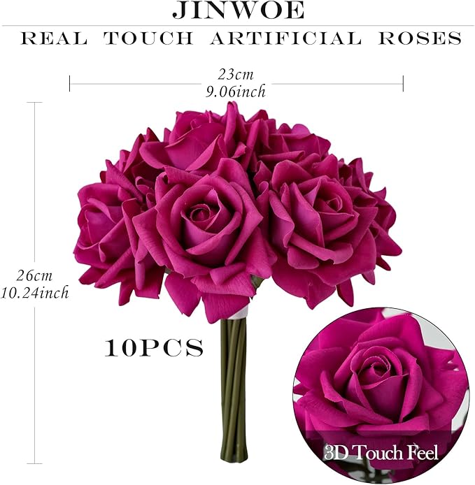 Rose-red Fake Roses with Stems,10pcs Soft Real Touch Silk Faux Roses Bouquet, Lifelike Artificial Rose for Wedding Table Centerpieces Party Home Decoration
