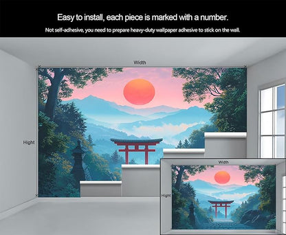 Japanese Torii Gate Wall Mural, Sunrise Mountain Landscape 3D Wall Murals, Zen Nature Art Wallpaper Mural, for Living Room Bedroom Large Wallpaper Indoor Decor 169.3" W x118.2 H