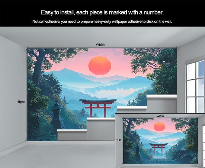 KIREUPA Japanese Torii Gate Wall Mural, Sunrise Mountain Landscape 3d Wall Murals, Zen Nature Art Wallpaper Mural, for Living Room Bedroom Large Wallpaper Indoor Decor 177.16" W x120 H