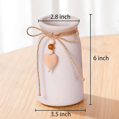 Charming 6-Inch Ceramic Vase | Jute Rope & Heart Charm Vase for Bohemian Farmhouse & Boho Décor, White Color