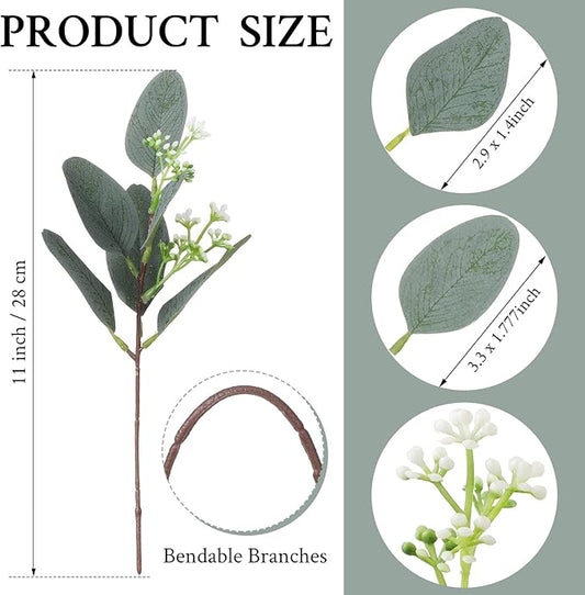 Janinka 100 Pcs Mixed Eucalyptus Leaves Stems Bulk Artificial Eucalyptus Leaves with White Seeds Artificial Silver Dollar Sprays Faux Oval for Floral Wreath Bouquets Wedding Greenery Decoration