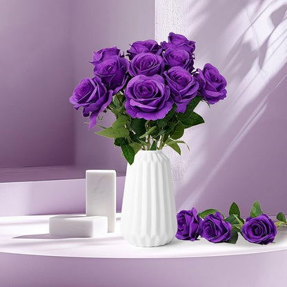 Flojery 10pcs Purple Silk Roses Artificial Rose Flowers Long Stem for DIY Wedding Bouquet Table Centerpiece Home Décor