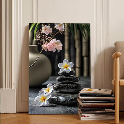 A harmonious black stone stack paired with white and pink flowers bamboo and ceramic vases creates a tranquil Zen decor for minimalist homes and mindful spaces 20x30in Frameless