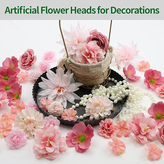 56 PCS Pink Fake Flowers Heads, Bulk Silk Flowers for Crafts, Mini Faux Flower Heads for DIY Wreath, Wedding Birthday Party Decor, Centerpieces, Home Decoration