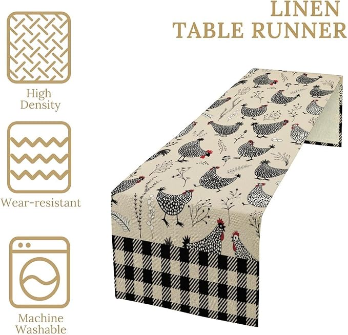 Farmhouse Rooster Table Runner Vintage Farm Funny Chicken Flower Dinner Runner for Country Farmhouse Home Kitchen Dinner Table Holiday Party Decoration 13x70in