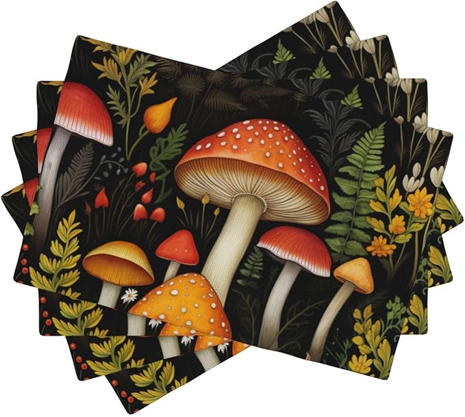 Placemats 4 pcs Mushroom Double-Layer Imitation Linen Place Mats Non-Slip Heat-Resistant Tablemats for Home Restaurant Hotel 18×12 Inch