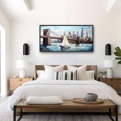 Extra Large Sailboat Framed Wall Art for Living Room,Oversized New York Brooklyn Bridge Pictures Wall Decor,Cityscape Canvas Print Painting Modern Artwork Bedroom Office Bathroom 60L x 30W