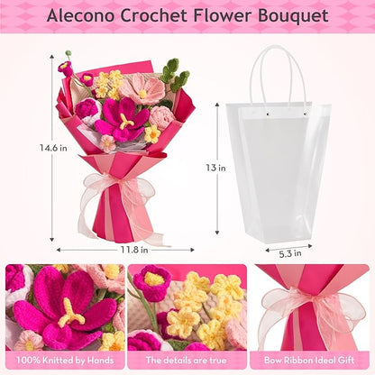 Alecono Crochet Flower Bouquet, Hot Pink Knitted Flowers, Crochet Tulips Flower for Lover Anniversary Birthday Party Mother's Day Graduation Gifts (Include Card)