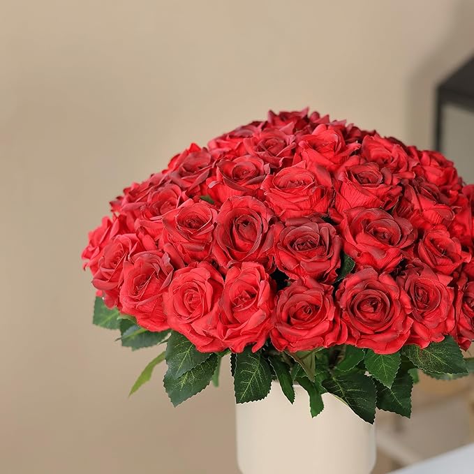 YXZZWL 60 Pcs Artificial Roses in Bulk, Fake Silk Roses Realistic Roses Stem Faux Roses Bouquet for Wedding Centerpieces Flower Arrangement Home Decor (Red)