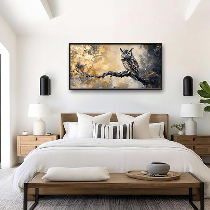 Owl Large Wall Art Framed Gold Wall Decor for Living Room Mountain Owl Pictures Oversized Canvas Print Painting Modern Extra Large Framed Artwork for Bedroom Office Home Decor 60"x30"