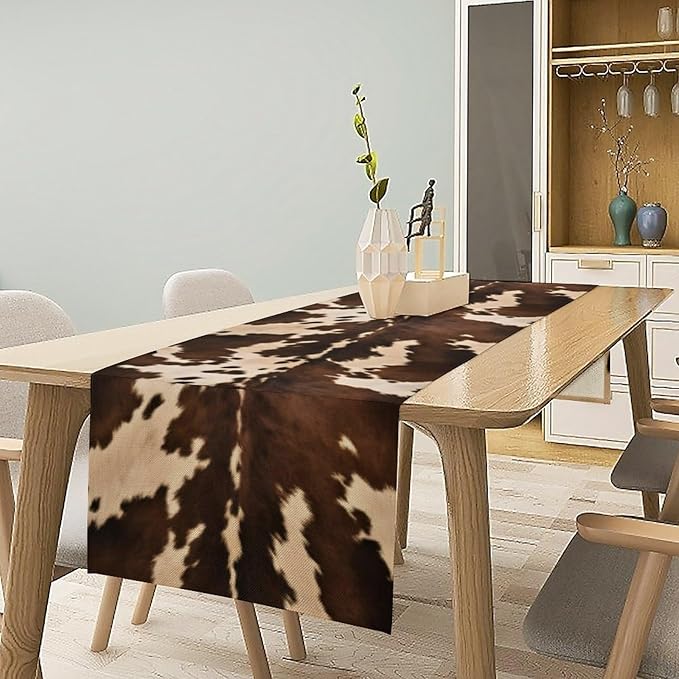 Cow Print Table Runner, Brown Cowhide Western Style Runner Country Farmhouse Cottage Patten Decoration for Home Kitchen Dining,13x108 Inch
