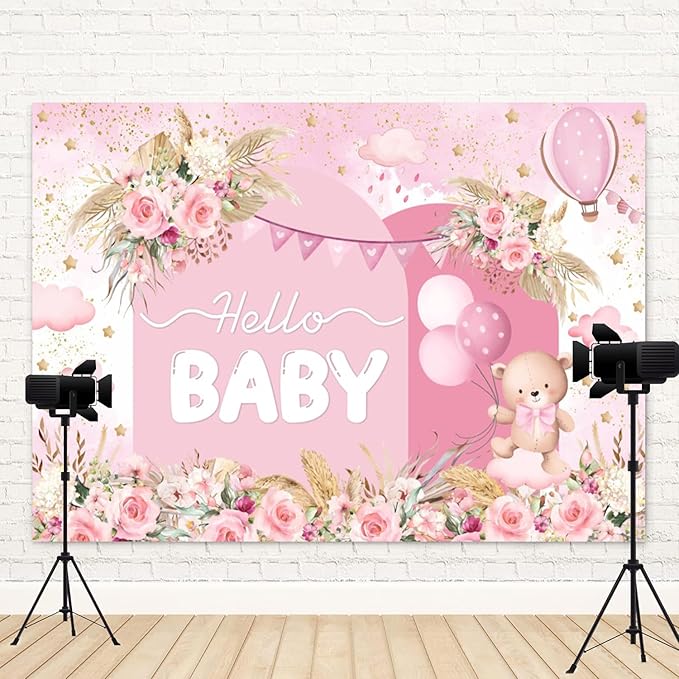 15x8ft Hello Baby Backdrop Pink Gold Boho Floral Bear Baby Shower Photography Background Balloon Stars Clouds Banner Decorations Welcome Newborn Celebration Party Portrait Photo Booth Prop