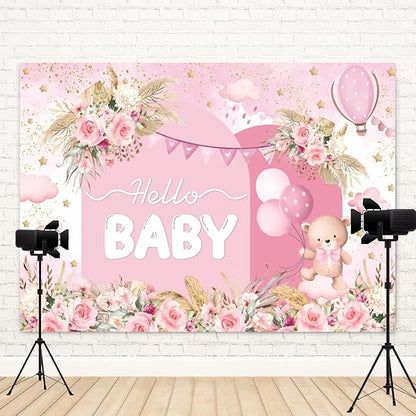 15x10ft Hello Baby Backdrop Pink Gold Boho Floral Bear Baby Shower Photography Background Balloon Stars Clouds Banner Decorations Welcome Newborn Celebration Party Portrait Photo Booth Prop