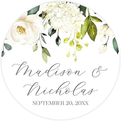 Personalized Floral Wedding Stickers with Your Choice of 30 Flower Styles - Choose Font and One of Five Pre-made Phrases or Add Custom Text (010 - White Flowers)
