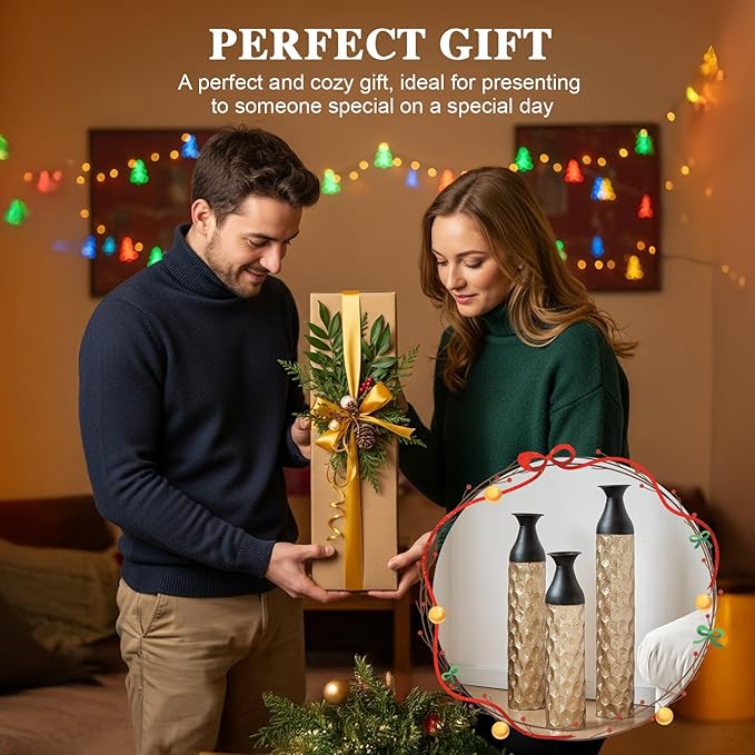 Floor Oversized Gold Metal Decorative Vase with 3D Triangle Pattern Set of 3 Large Vases for Home Living Room 33.5 ", 29.5 ", 25.2" High (Black+Gold)