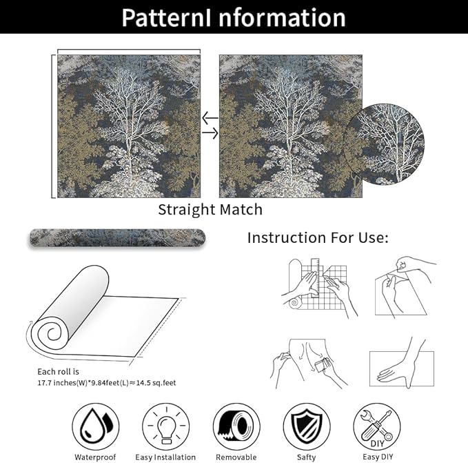 Vintage Forest Peel and Stick Wallpaper - Hand Drawn Tree Mural for Bathroom, Bedroom Walls, Cabinets, Shelves - 17.71"*236.2