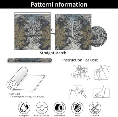 Vintage Forest Peel and Stick Wallpaper - Hand Drawn Tree Design for Bathroom, Bedroom Walls, Cabinets, Shelves - Removable Decorative Contact Paper Mural 17.71"x118.1"