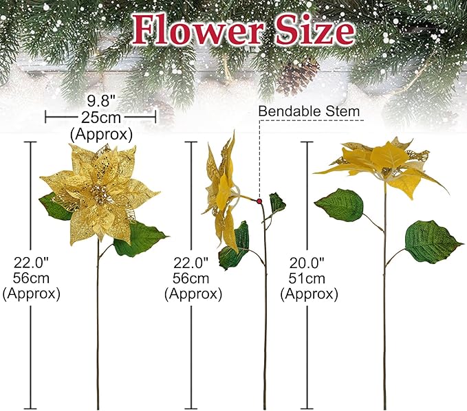 10" Poinsettia Flower Artificial for Christmas Tree Decor, 3 Pcs Faux Glitter Poinsettias Stems for DIY Xmas Wreath & Garland, Christmas Ornaments for Home Party, Holiday & New Year Decorations, Gold