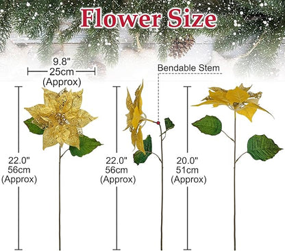 10" Poinsettia Flower Artificial for Christmas Tree Decor, 3 Pcs Faux Glitter Poinsettias Stems for DIY Xmas Wreath & Garland, Christmas Ornaments for Home Party, Holiday & New Year Decorations, Gold