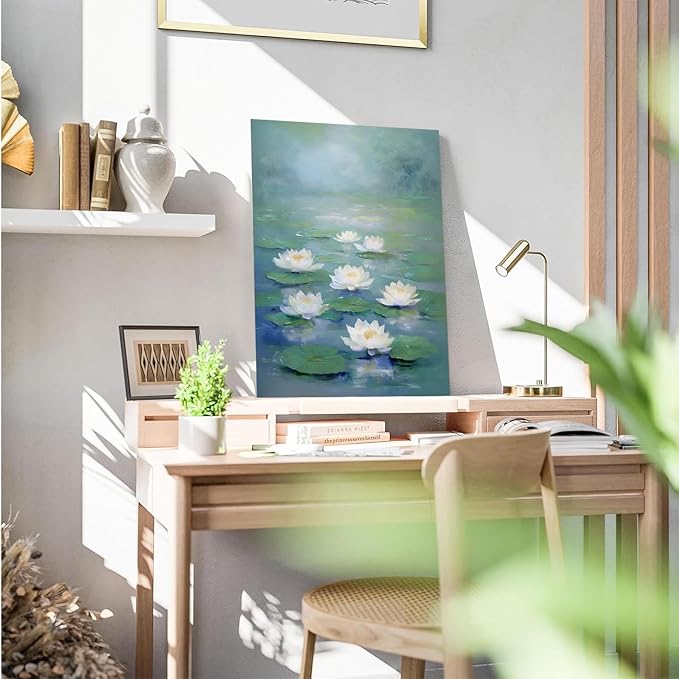 Zen wall art Delicate white lotus flower floating on calm water Vintage oil painting print Serene aquatic wall art creates a tranquil home decor 16x24in Frameless