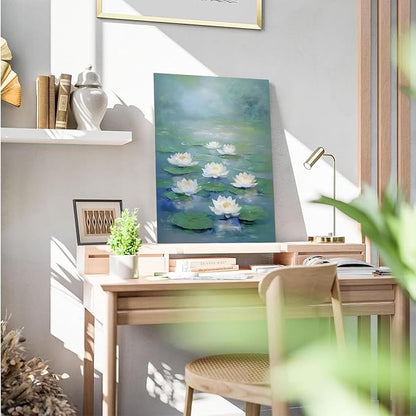 Zen wall art Delicate white lotus flower floating on calm water Vintage oil painting print Serene aquatic wall art creates a tranquil home decor 16x24in Frameless