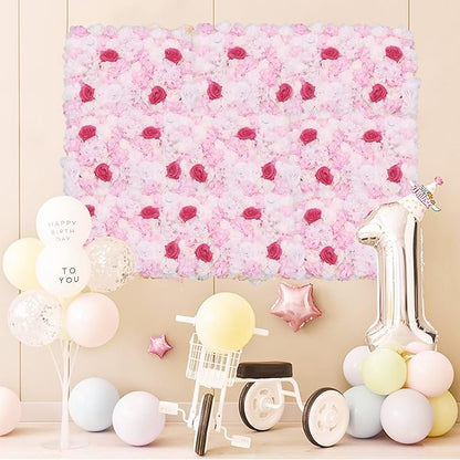 16"x 24" Artificial Flower Wall Panels,Flower Wall Mat Silk Flower Panels for Outdoor Garden Backyard Fence Fence Privacy Screen and Indoor Wall Decor (4Pcs Pink+Rose)
