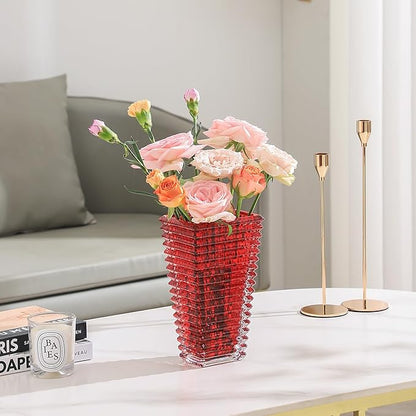 MCMCNCUIU Crystal Vase, Large Crystal Vases for Flowers, Red Large Flower Vase, Modern Glass Vases for Living Room, Bedroom, Kitchen, Dining Table, Mantle, Wedding, 9 Inches