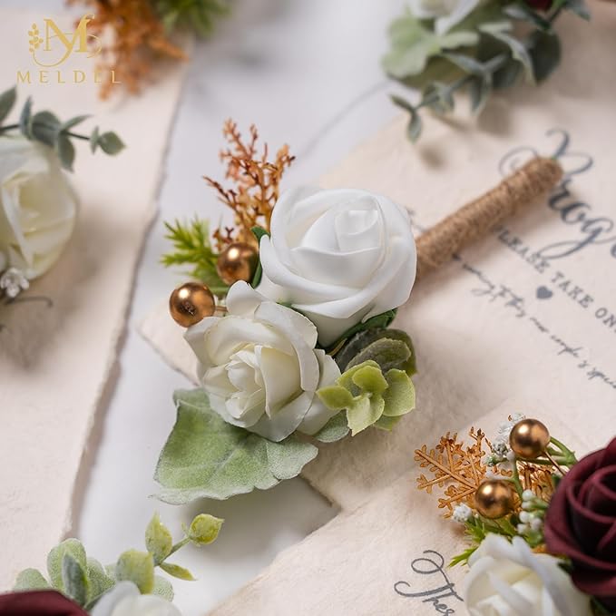 Meldel Boutonniere for Men Wedding,Set of 6,Groom and Groomsman Boutonniere for Wedding,Greenery Rose Corsage for Men Ceremony Anniversary Party Prom Homecoming,Burgundy White