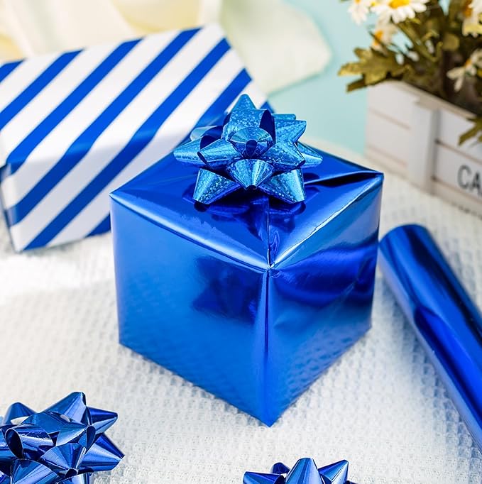 Merture Reversible Royal Blue Wrapping Paper Roll - 17 In X 32.8 Ft(46.5 sq.ft.) Metallic Blue and Stripe Design Gift Wrap for Birthday, Fathers Day, Baby Shower, Gender Reveal Party, Hanukkah