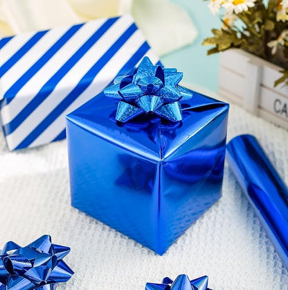 Merture Reversible Royal Blue Wrapping Paper Roll - 17 In X 32.8 Ft(46.5 sq.ft.) Metallic Blue and Stripe Design Gift Wrap for Birthday, Fathers Day, Baby Shower, Gender Reveal Party, Hanukkah