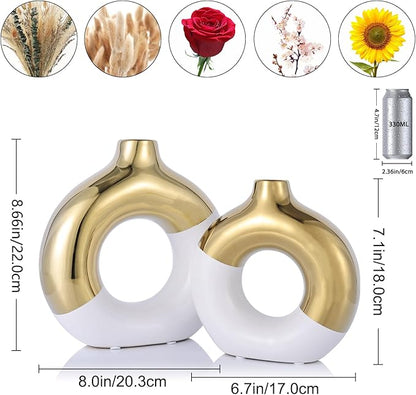 White and Gold Vase Decor Donut Vase Set of 2 - Circle Hollow Vases, Modern Matte Ceramic Vases for Entryway Living Room Bedroom Dining Table Centerpiece Office Home Decor