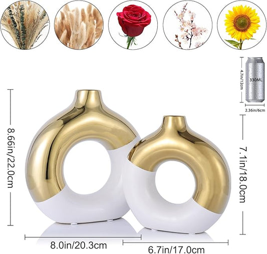 White and Gold Vase Decor Donut Vase Set of 2 - Circle Hollow Vases, Modern Matte Ceramic Vases for Entryway Living Room Bedroom Dining Table Centerpiece Office Home Decor