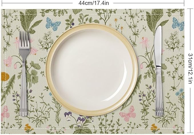 Botanical Placemats Set of 6, 17x12 Inch Butterfly Green Leaf Colorful Wildflower Vintage Rustic Style Table Mats for Home Party Kitchen Dining Decor