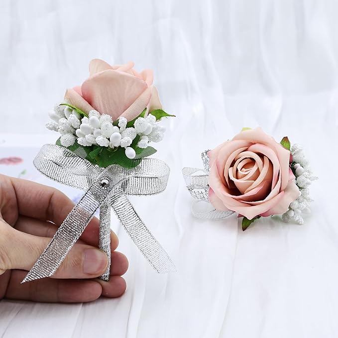 2Pcs Dust Pink Rose Corsage and Boutonniere Set, Artificial Wrist Corsage Wristlet Bracelets, Men Boutonniere for Wedding Anniversary Party Homecoming Flowers Accessories Prom Decor