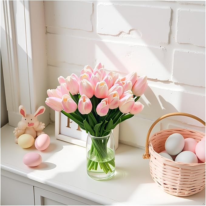 18pcs Artificial Tulips 13" PU Artificial Flowers for Family Friends Gifts DIY Flower Arrangement Home Kitchen Office Party Wedding Dining Table Decoration, Light Pink