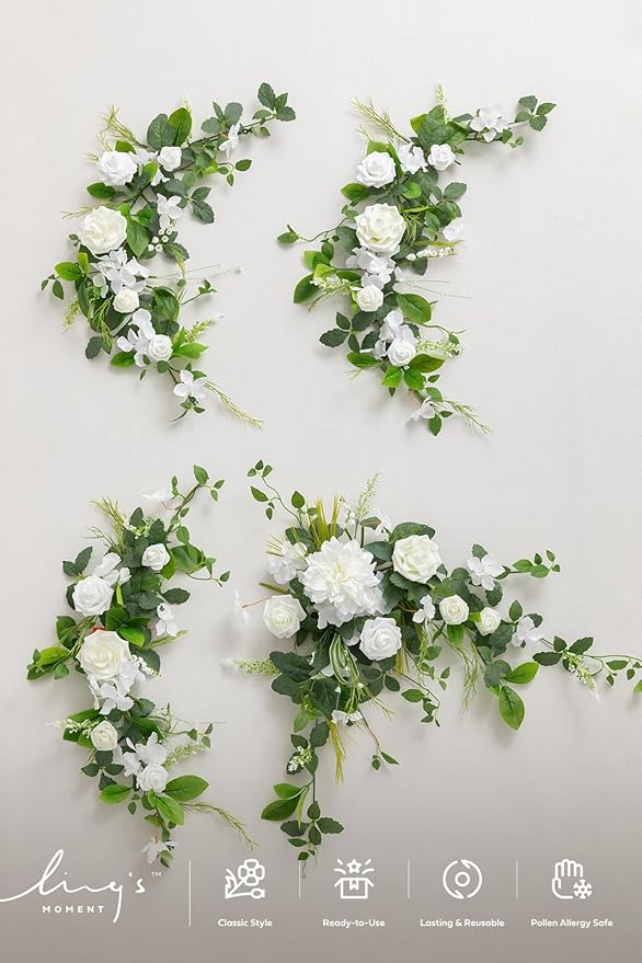 Ling's moment Flower Garland - 6FT Eucalyptus & Rose - Sweetheart Table Decor for Wedding Reception, Artificial Floral Garland for Mantle, Spring, Christmas Decoration, White & Lily