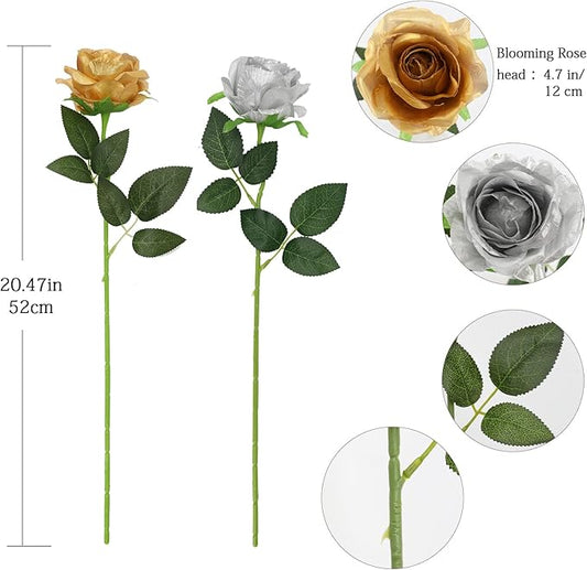 Tifuly Roses Artificial Flowers - 12 pcs Realistic Long Stems Fake Roses Mashup Style Silk Flowers for DIY Bouquets Wedding Centerpieces Arrangements Home Party Decor（Gold & Sliver）