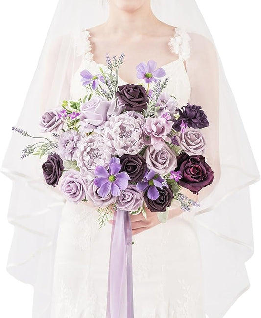 TINGE TIME 11 Inch Wedding Bouquets for Bride, Lavender&Plum Artificial Flowers Bouquet, Brides & Bridesmaids Bouquet for Wedding Anniversary Ceremony Bridal Shower Decorations