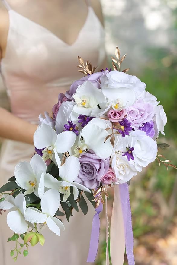 Bridal Bouquets for Bride, 11 Inch Artificial Flowers Bridal Bouquet Cascading Wedding Bouquets for Bride for Wedding Ceremony and Anniversary(White Purple)