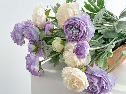 7 pcs Peonies Artificial Flowers, Purple Champagne Ranunculus Artificial Flowers, Fake Peonies for Home Office Centerpiece Table Decorations, Dining Table Centerpiece (Purple+Champagne)