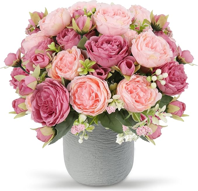 Artificial Peonies Silk Flowers, Pink Faux Peony Bouquet 4 Bundles Florals Arrangements Decor for Farmhouse Home Boho Wedding Table Centerpiece, Fake Plastic Flower Bulk for Vase Decoration (Mix Pink)