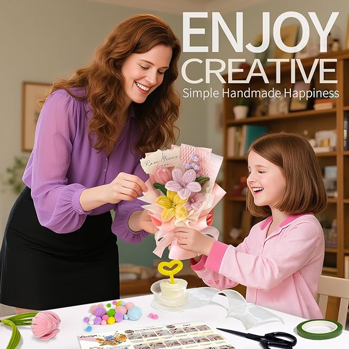 Erosign 500 Pcs All-in-One Pipe Cleaner Flower Making Kit - Complete DIY Craft Set for Kids & Adults | Includes Chenille Stems, Wires, Tape, Stamens, Ribbon, Beads, Pom Poms, Paper, Glue | (Pink)